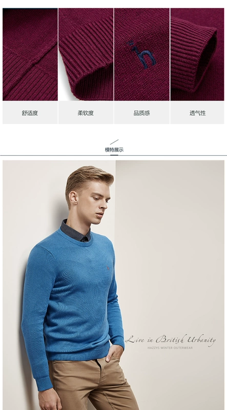 Hajis hazzys chính thức giản dị vòng cổ cashmere đan áo len nam màu rắn dài tay áo len nam cổ tròn