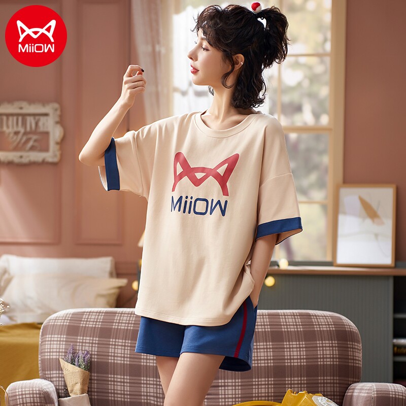 Cat girl girl pajamas set pure cotton skin-friendly summer thin breathable home clothes casual loose large size outer wear