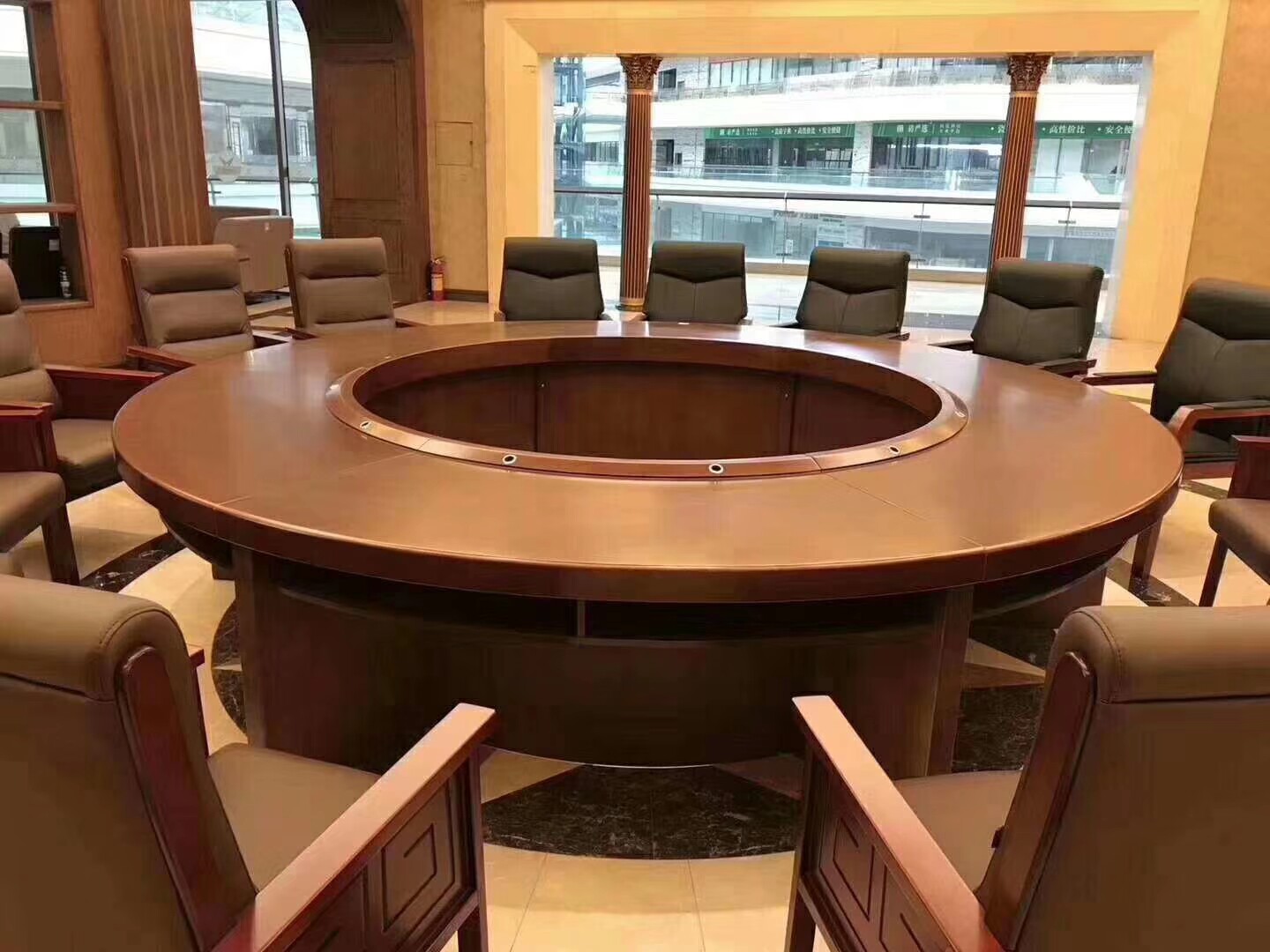 Office Furniture Round Bilayer Solid Wood Leather Conference Table Arc Chinese Style Guest Table Composition Paint Business Meeting Table