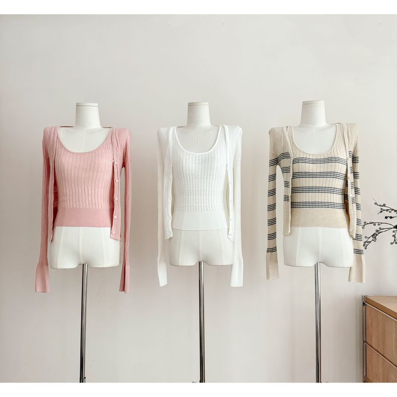 Chestnut Cocoa Bankelil' Korean Women's Comfort Zone'Paper Figure' V-Neck Striped Knit Cardigan/Strap Set