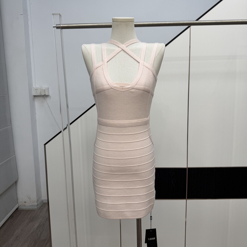 Qiauu Sakura Pink Sheer Chiffon Dress with Star Pattern, Sexy Slim Fit Bandage Bodycon Dress for Women