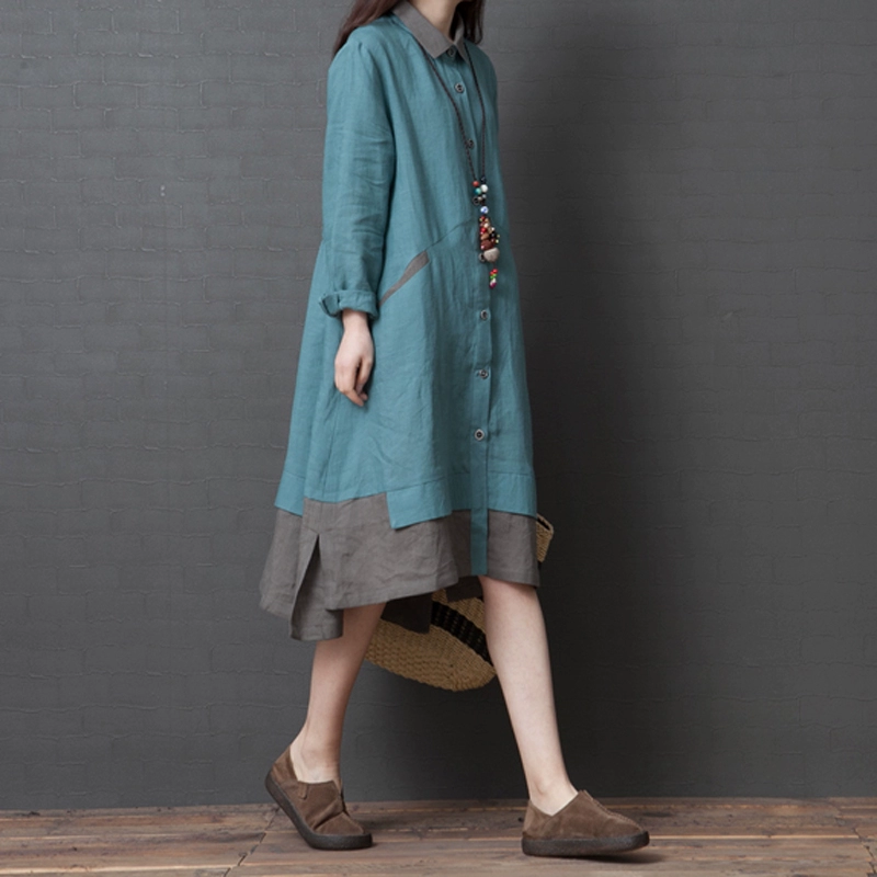 Mùa thu năm 2021 phiên bản Hàn Quốc của chiếc váy nữ plus size mỏng, váy vải lanh màu nổi một dòng váy xoay lớn, váy áo sơ mi cotton và vải lanh dài tay - A-Line Váy