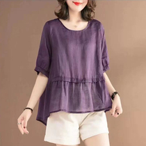 Literary cotton linen shirt womens summer retro loose thin age casual top round neck short sleeve Ramie T-shirt