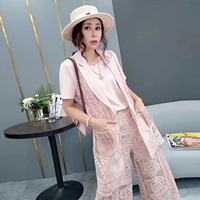 Áo dài châu Âu 2019 mới thêu organza phù hợp với áo khoác voan lụa T-shirt quần ống rộng ba mảnh - Bộ đồ váy nữ