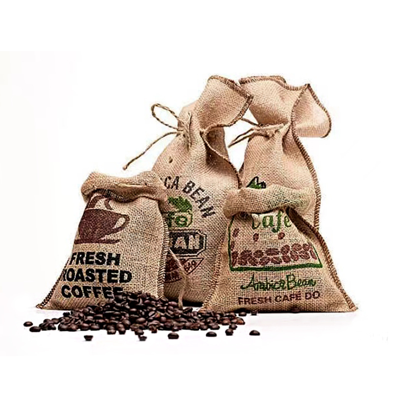 Raw Coffee Beans in Burlap Bags, Patterned Pure Jute Bags, Old-Fashioned Woven Packaging Bags, Cotton and Linen Storage Bags with Printing
