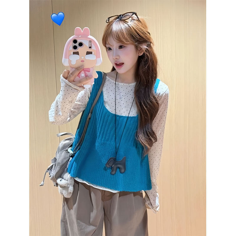 Trendy Korean Style Sweet Sleeveless Knitted Camisole, Stunningly Slimming and Super Pretty Top, Autumn Two-Piece Set