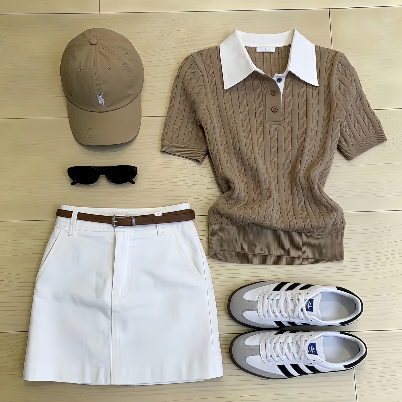 Trendy Brand's Stunning and Beautiful Early Summer Outfit, Retro Color-Blocking Polo Collar Short-Sleeve T-Shirt and Skirt Two-Piece Set