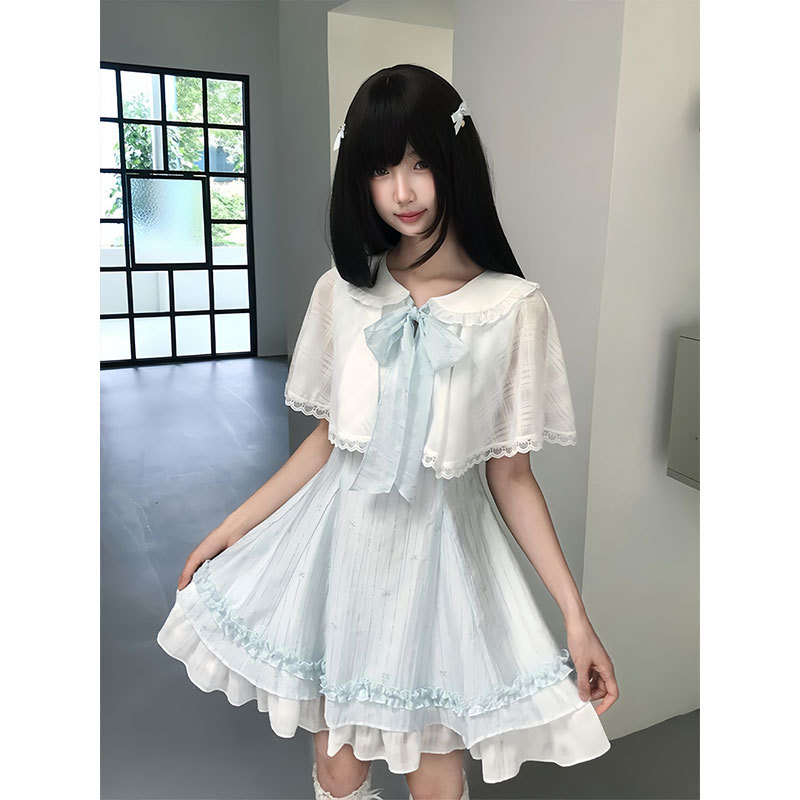 Trendy College Style Color-Blocked Faux Two-Piece Cape Shawl Design Short Skirt with Doll Collar and Lace Trim Sweet Girl Dress