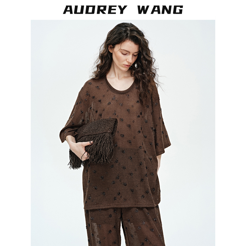 Audrey Wang Old Money Style Heavy Beaded French Polka Dot Hollow Knit Top Loose Slimming Wide-Leg Pants