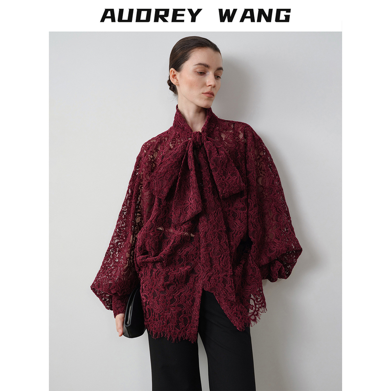Audreywang Burgundy Bow Tie Lace Shirt for Women, Retro Stand Collar Puff Sleeve Cut Out Long Sleeve Shirt Audreywang Burgundy Bow Tie Lace Shirt for Women, Retro Stand Collar Puff Sleeve Cut Out Long Sleeve Shirt