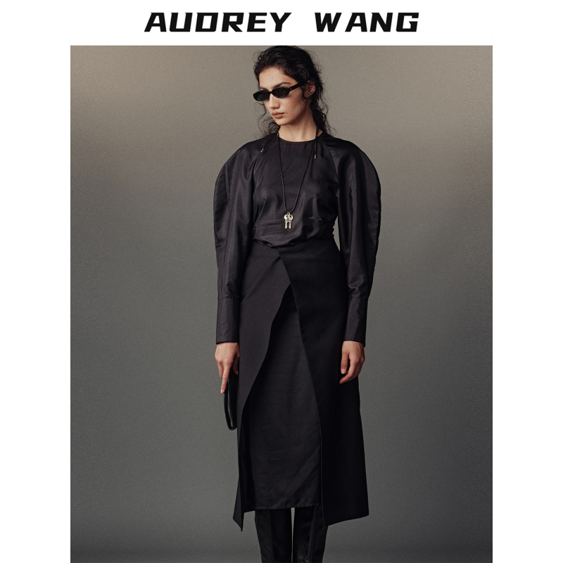 Audreywang French-Style High-End Black Draped Pleated Puff Sleeve Dress with Slit Mid-Length Skirt Audreywang French-Style High-End Black Draped Pleated Puff Sleeve Dress with Slit Mid-Length Skirt