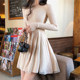 Autumn and winter 2020 new plus velvet mesh stitching long-sleeved dress female solid color waist thin knit skirt ins