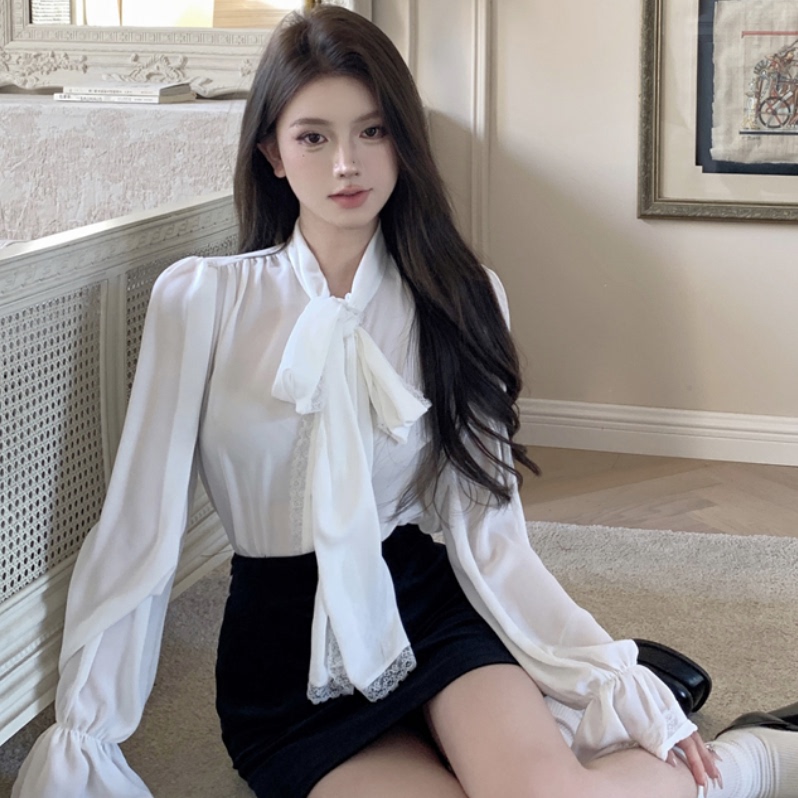 French-Style Solid Color Bow-Tie Chiffon Blouse for Women, Autumn Elegant Bell-Sleeve Shirt, Unique Design Top