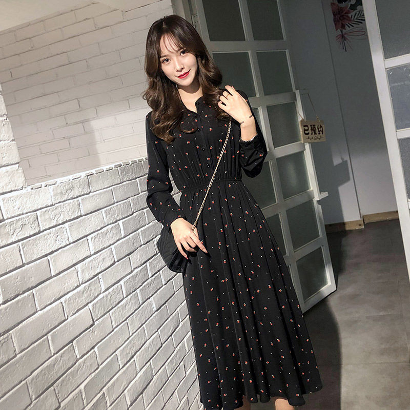 Casual Small Round Neck Long-Sleeved Floral Skirt for Women, Autumn 2023 New Style, Waist Slimming, Elegant Chiffon A-Line Mid-Length Skirt