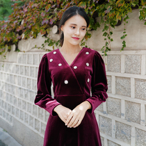 Stars velvet long-sleeved versionKorean retro red dress Wedding engagement banquet toast dress annual meeting