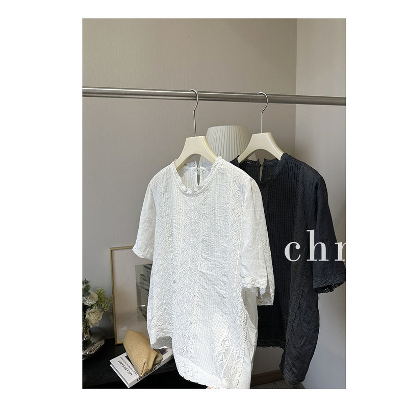 【Chne】Japanese Imported Linen Heavy Lace Trim Short-Sleeved Top 13255