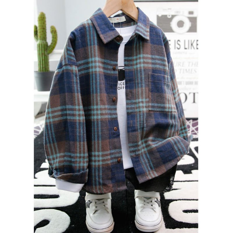 Boys' shirts long sleeves autumn wear 2020 new children's medium and old children's thin spring and autumn plaid shirts foreign atmosphere children's clothing tide