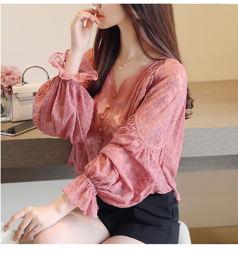 Áo sơ mi thêu hoa ren dài tay áo voan ngọt ngào cổ tích Đèn lồng tay áo sơ mi nhỏ tay áo phồng mùa thu áo sơ mi kẻ sọc nữ hàn quốc