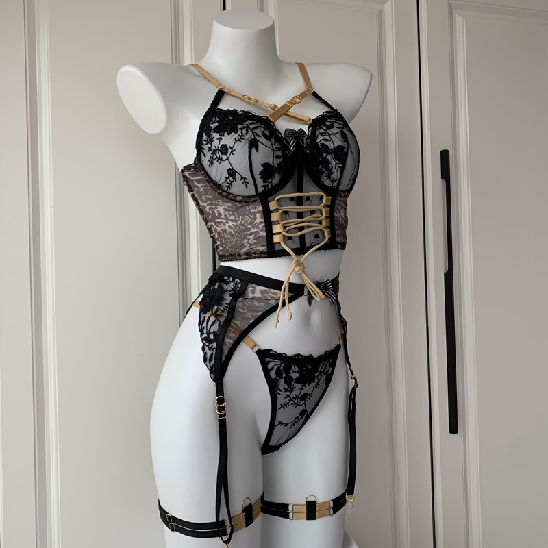 L Size Exquisite Leopard Print Set with Underwire Waist Cincher and Leg Rings, Women's Embroidered Crystal Cup L Size Exquisite Leopard Print Set with Underwire Waist Cincher and Leg Rings, Women's Embroidered Crystal Cup