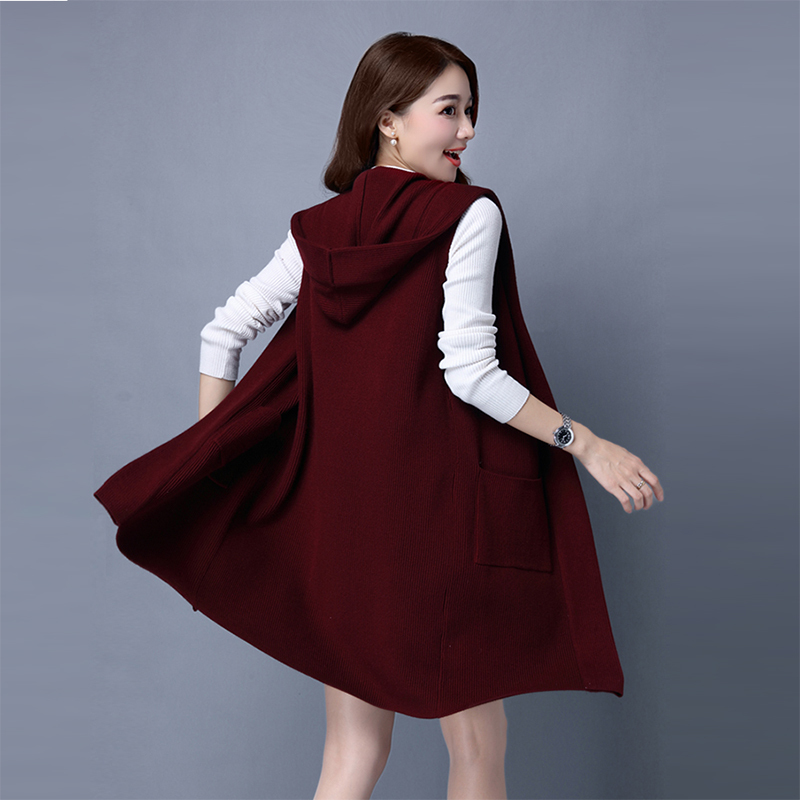 Spring and Autumn Knitted Cardigan Women's Mid-Length Sleeveless Vest with Hat Sweater Vest Jacket Thin Outerwear Hoodie