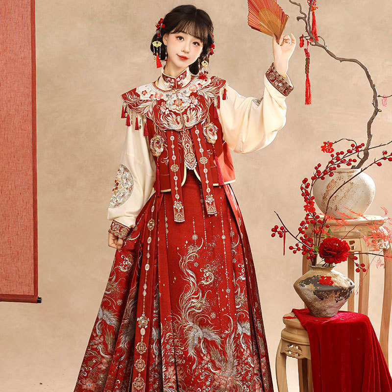 【Huangyu】Original Hanfu Women's Wedding Dress Engagement Toasting Dress Red Mamian Skirt Piece Set New Ming Dynasty Style New Year Dress 【Huangyu】Original Hanfu Women's Wedding Dress Engagement Toasting Dress Red Mamian Skirt Piece Set New Ming Dynasty Style New Year Dress