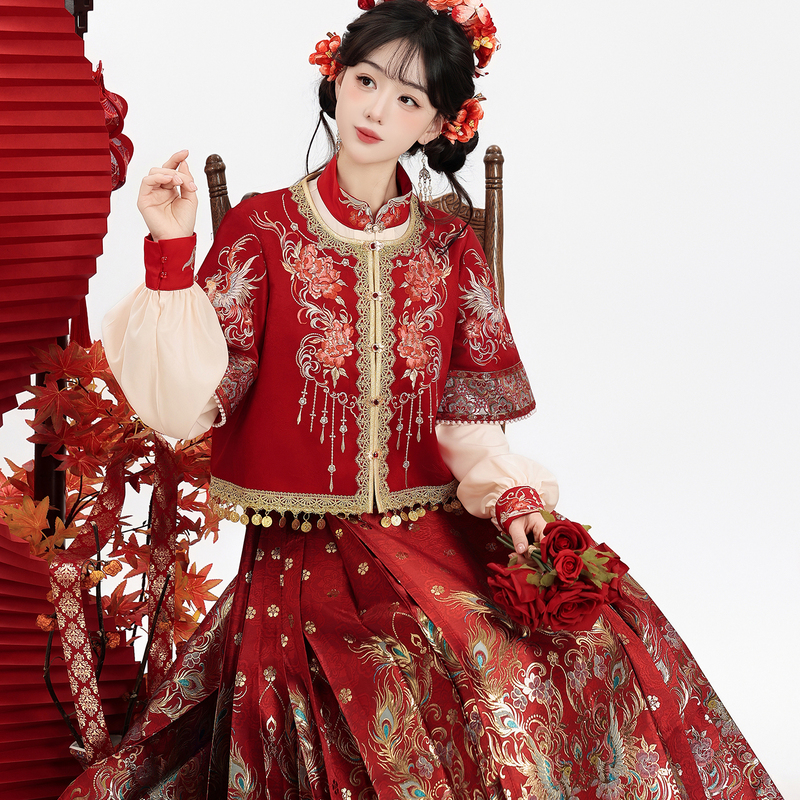 【Fengming】Original Hanfu for Women, Red Brocade Mamian Skirt Piece Wedding Outfit, New Chinese Style Engagement and Toast Dress for Spring and Summer