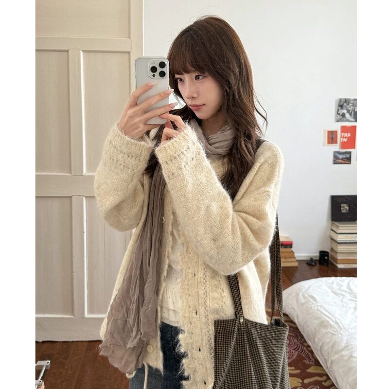 Korean-Style Elegant Apricot-Colored Hollow-Out Single-Breasted Long-Sleeve Drawstring Sweater Cardigan for Women, Loose and Lazy Knit Top Korean-Style Elegant Apricot-Colored Hollow-Out Single-Breasted Long-Sleeve Drawstring Sweater Cardigan for Women, Loose and Lazy Knit Top