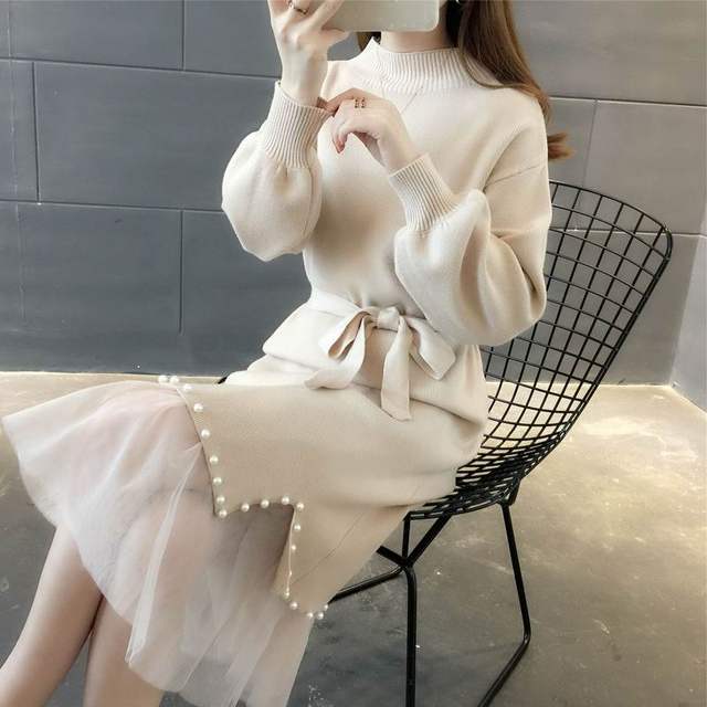 Autumn and winter women's solid color long half high neck beaded knitted sweater dress over the knee mesh stitching belt bottoming skirt