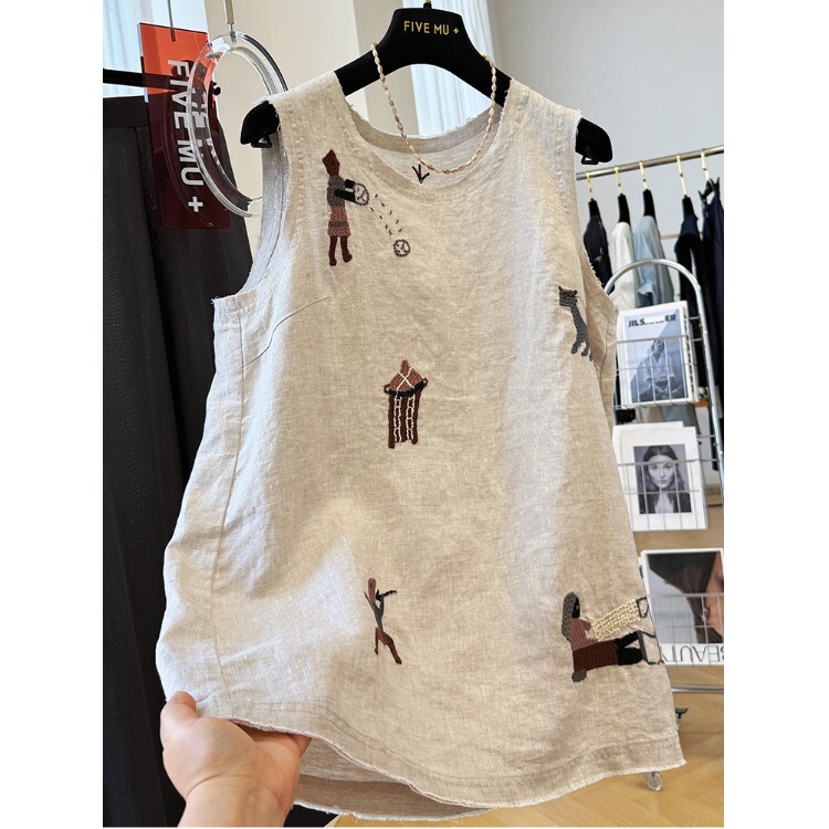 Clearance Bargain~ New Chinese Style Heavy Embroidery Linen Tank Top for Women, Lightweight Summer Outerwear, Cotton-Linen Sleeveless Top