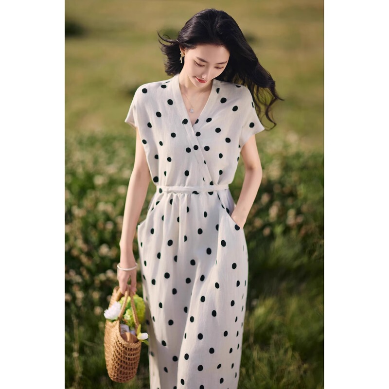 Foreign Trade Surplus Women's Clothing from Italian Designer Brands, High-End Cotton-Linen Polka Dot V-Neck Short-Sleeve Linen Dress Foreign Trade Surplus Women's Clothing from Italian Designer Brands, High-End Cotton-Linen Polka Dot V-Neck Short-Sleeve Linen Dress