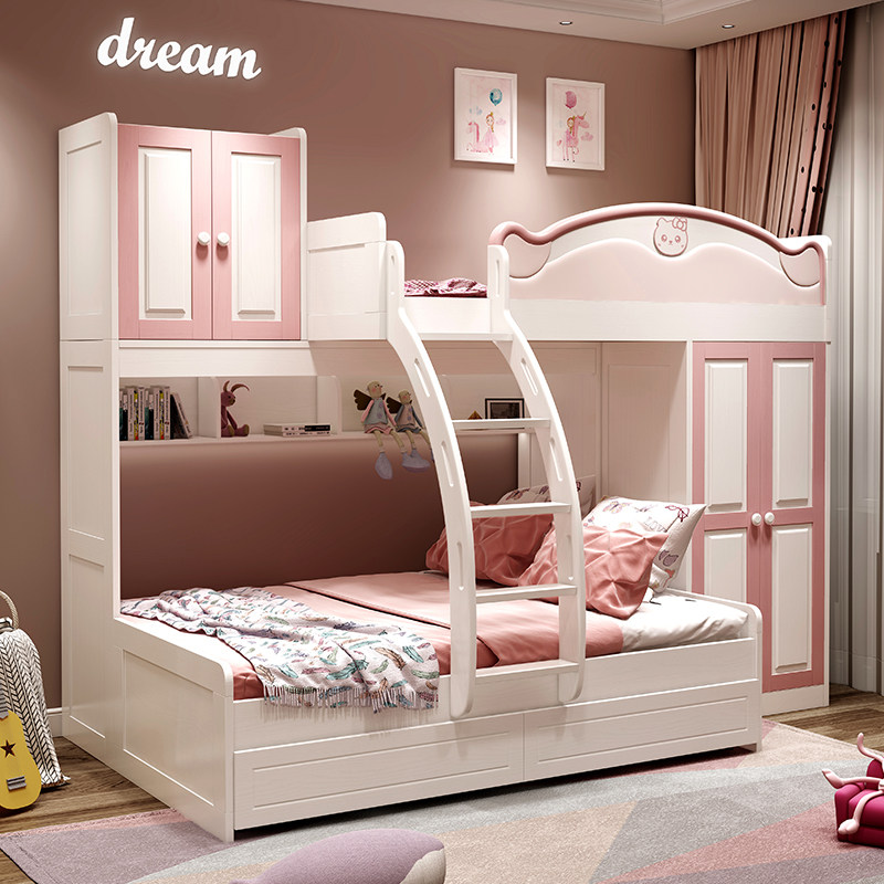 Cat Little Princess Solid Wood High and Low Bed Double-floor Shop Children-Girl Cross-Different Parallel Wardrobe Combined