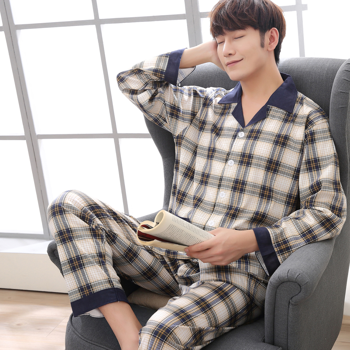 Đồ ngủ nam mùa hè cotton dài tay mùa xuân và mùa thu thanh niên cotton mỏng phần dịch vụ gia đình phù hợp với kích thước lớn mùa hè trung niên đồ lót nam cao cấp