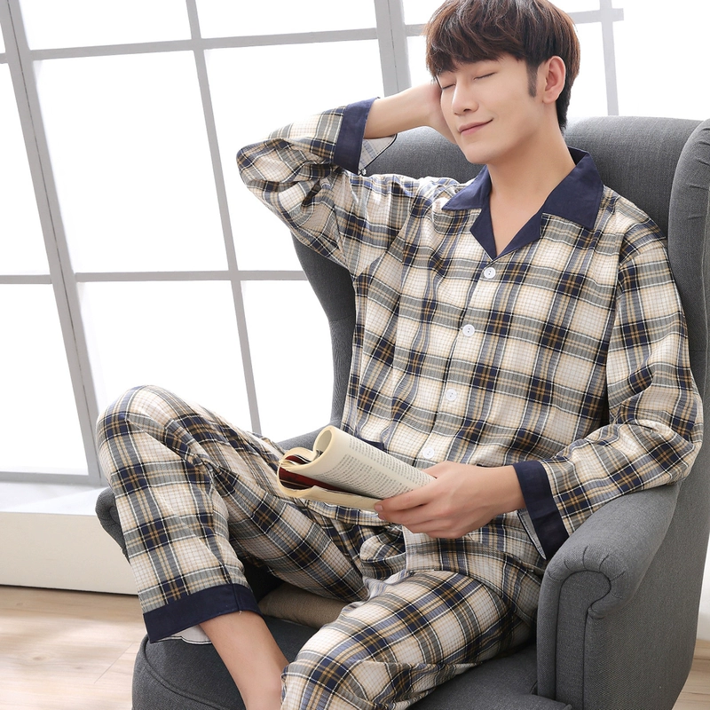 Đồ ngủ nam mùa hè cotton dài tay mùa xuân và mùa thu thanh niên cotton mỏng phần dịch vụ gia đình phù hợp với kích thước lớn mùa hè trung niên bộ đồ mặc nhà