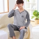 Đồ ngủ nam cotton dài tay mùa xuân và mùa thu kích thước lớn màu xanh lá cây trung niên pijama nam
