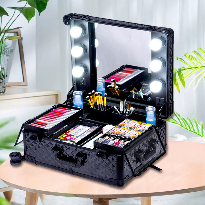 Professional illuminated makeup case trolley case Retro multi-layer large capacity makeup toolbox Universal wheel