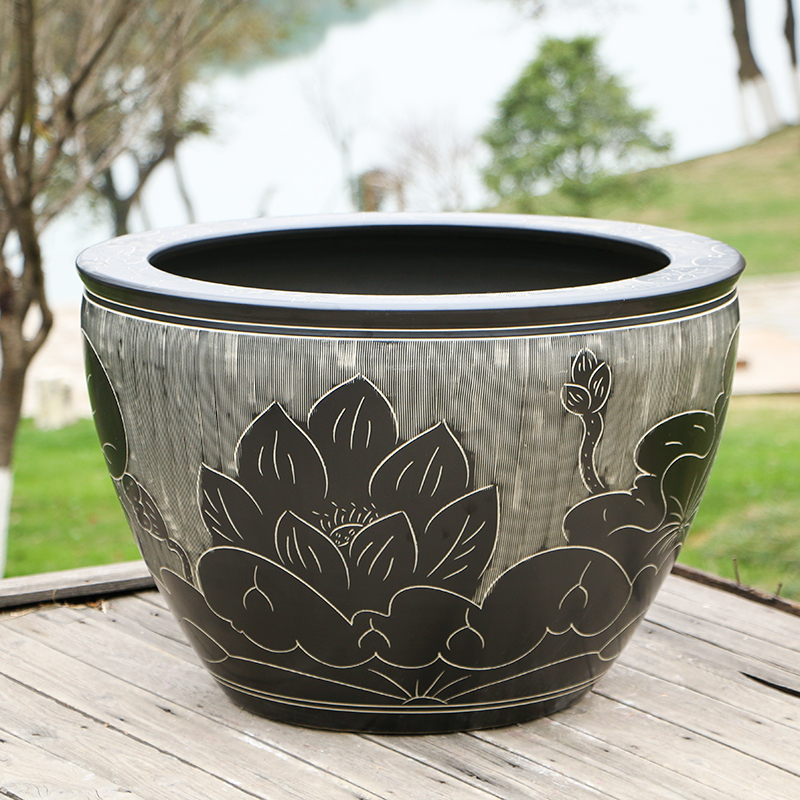 Ceramic fish tank living room floor-to-ceiling extra-large courtyard retro large tank balcony water lily lotus ancient method to attract wealth and raise koi tank