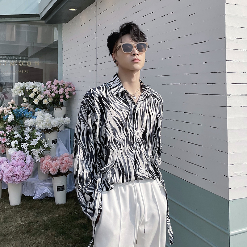 (Love to wear help) Fall loose Lazy Print Shirt Male small crowdwear long sleeve shirt trendy ruffrin handsome in