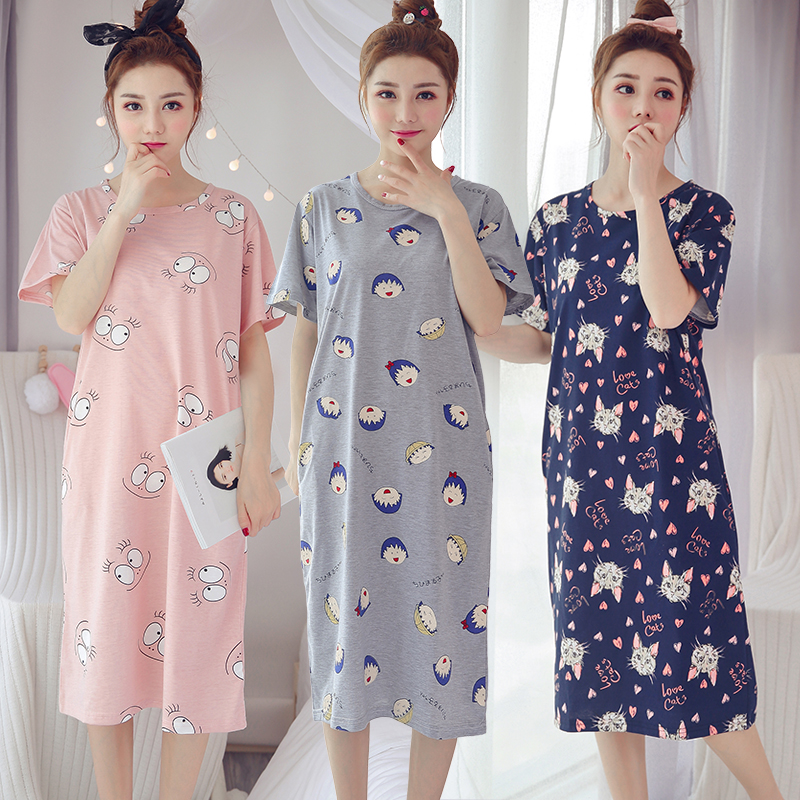 Nightdress nữ mùa hè bông ngắn- tay kích thước lớn lỏng váy dài ngọt ngào dễ thương sinh viên đồ ngủ phụ nữ mùa hè mặc