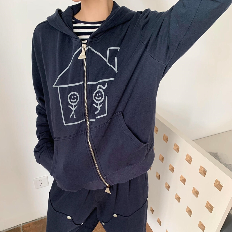 Correct Version! Urban Stickman Cotton-Feel Washed Vintage Hooded Sweatshirt Jacket with Fun Printed Patchwork Hoodie