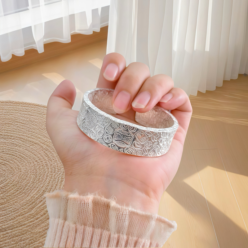 Handmade Pure Silver 999 Auspicious Word Bracelet for Women, Wide Version, Solid Silver Open Bracelet, Gift for Girlfriend's Birthday