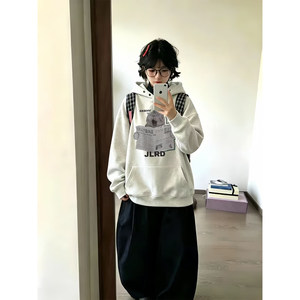 American Retro Gray Hooded Sweatshirt for Women, Petite Size, Autumn and Winter Loose Fit, Lazy Style, Korean Style Relaxed Top Jacket