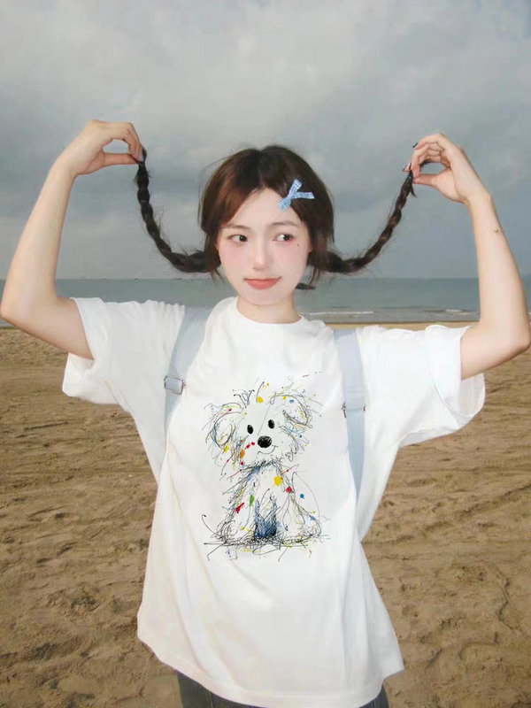 Pure Cotton American-Style Hand-Painted Puppy Short-Sleeve T-Shirt for Women, 2026 New Summer Loose Design Niche Half-Sleeve Top