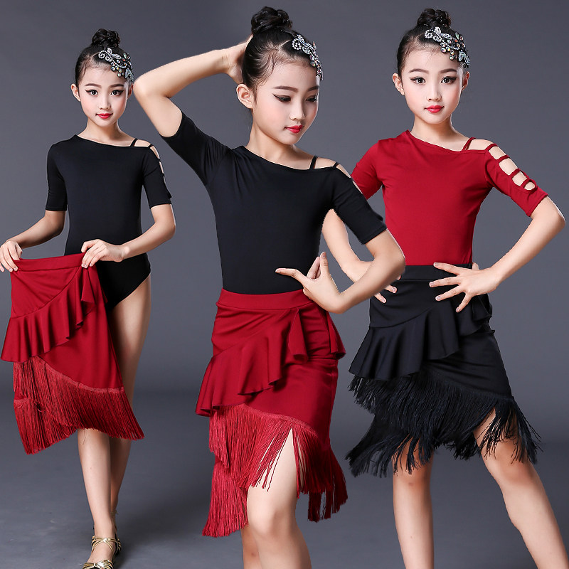 Latin dance costume children's new girl short sleeve tassel dance skirt children's professional practice clothing summer autumn and winter