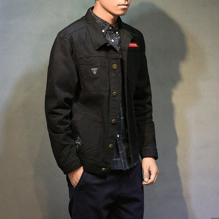 Tide Card Spring Autumn Season Men's Slim Fit Cowboy Jacket Big Code Jacket Tooling Denim Jacket Korean Version Loose Black-Taobao