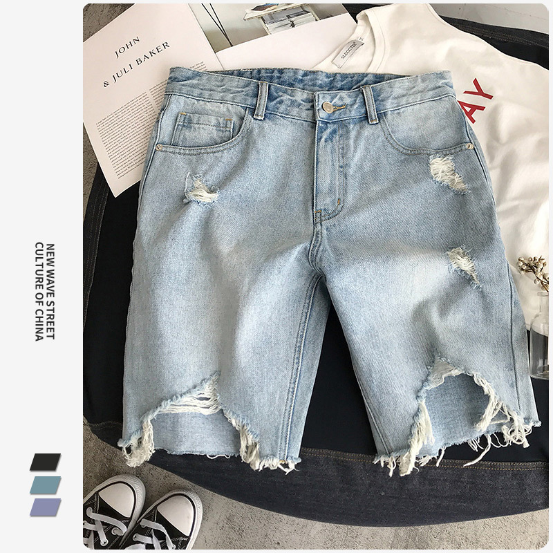 Men's Denim Shorts, Summer American Style, Trendy Ripped Frayed Hem, Vintage Cool Versatile Thin Mid-Length Shorts