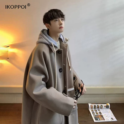 Мужской демисезонный длинный трендовый плащ, толстовка с капюшоном, шерстяное пальто, куртка, средней длины