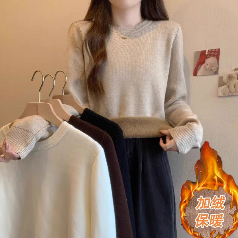 Fleece-Lined Thick Knit Pullover for Women, Round Neck, Autumn and Winter, Integrated Fleece Inner Layer, Warm Sweater, Versatile Top