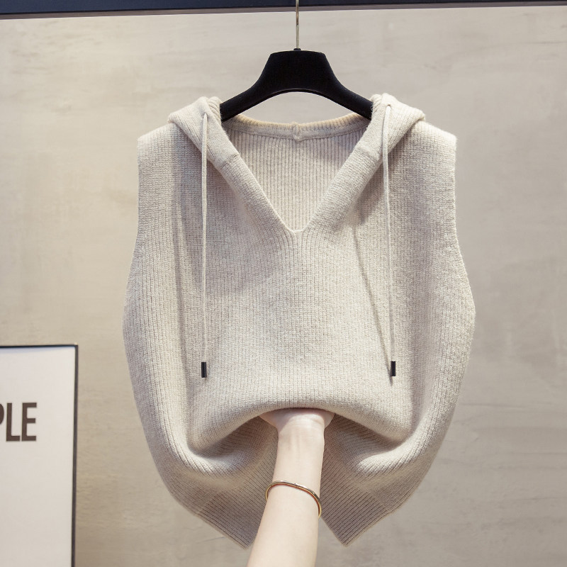 Spring and Autumn Hooded Knitted Vest for Women, Loose V-Neck Sleeveless Sweater Vest, Korean Style Layered Outerwear, Sleeveless Top