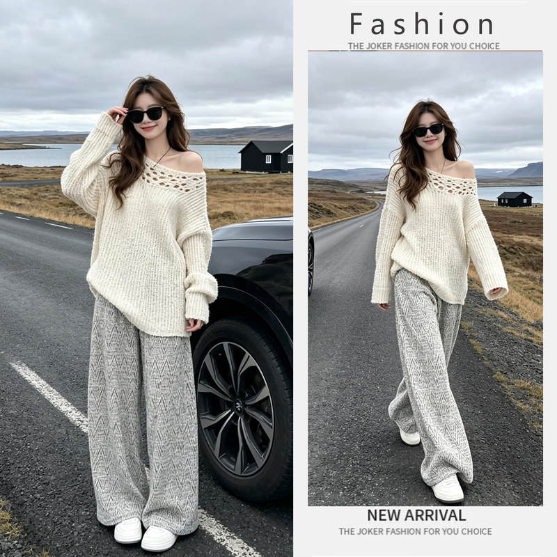 Lazy Style One-Shoulder Hollow-Out Knitted Sweater for Women, Early Autumn Loose Fit Slimming Off-Shoulder Long-Sleeve Top