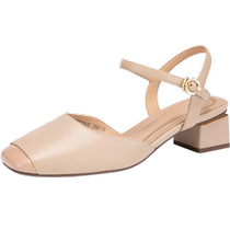 Qianbaidu Xiaoxiangfeng Baotou Sandals Womens 2024 Summer New Style Thick Medium Heel and Beautiful Skirt Sandals